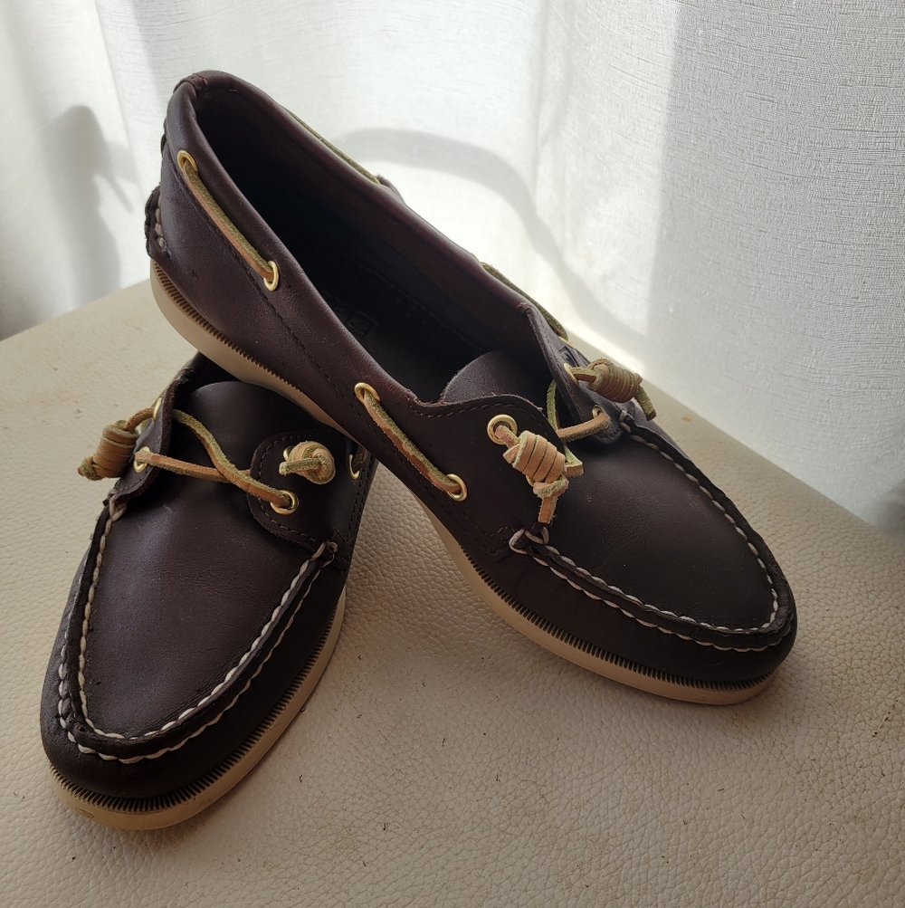 Women's Brown Leather Sperry Top Sider Slip On Boat Shoes 9